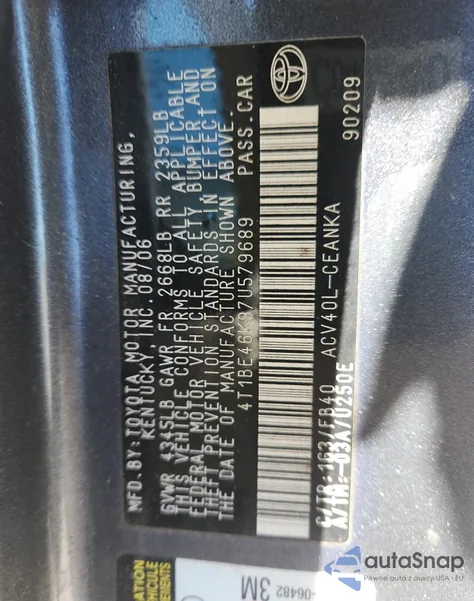 2007 Toyota Camry Ce from USA, damaged, VIN 4T1BE46K97U579689